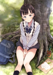 Rule 34 | 1girl, against tree, bag, between legs, black hair, black socks, blue bow, blue bowtie, blue eyes, blush, bow, bowtie, braid, buttons, closed mouth, coffee, collared shirt, commentary request, cup, day, diagonal stripes, disposable cup, drinking straw, food, fujita hidetoshi, grass, grey shirt, hand between legs, head tilt, kneehighs, knees together feet apart, legs together, long hair, long sleeves, looking at viewer, looking up, on ground, original, outdoors, paper bag, sandwich, sandwiched, school bag, school uniform, shirt, sitting, smile, socks, solo, striped bow, striped bowtie, striped clothes, striped neckwear, sunlight, tree, twin braids, vest, white vest, zipper