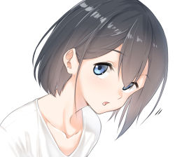 Rule 34 | 1girl, black hair, blue eyes, collarbone, commentary request, hair between eyes, highres, leaning forward, long hair, looking at viewer, original, parted lips, shirt, short hair, simple background, solo, white background, white shirt, yuki arare