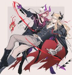 Rule 34 | 1boy, 1girl, arknights, armor, ascalon (arknights), belt, black belt, black horns, black shirt, blonde hair, breasts, cape, carrying, carrying person, cleavage, collared shirt, demon girl, demon horns, demon tail, ears through headwear, fighting, gauntlets, gloves, grey pants, hair between eyes, highres, holding, holding knife, holding weapon, hood, hood up, horns, horns through headwear, knife, long hair, long sleeves, looking at another, manfred (arknights), medium breasts, military uniform, multiple belts, pants, parted lips, pauldrons, pienahenggou, pointy ears, purple hair, purple horns, red eyes, reverse grip, shirt, shoulder armor, simple background, single pauldron, tail, torn cape, torn clothes, two-tone cape, two-tone shirt, uniform, weapon, white belt, white hood