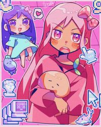Rule 34 | 2girls, aubrey (headspace) (omori), aubrey (omori), bow, cursor, dark-skinned female, dark skin, film grain, fusion, hair bow, heart, holding, holding stuffed toy, long sleeves, looking at viewer, multiple girls, omori, open mouth, pink bow, pink eyes, pink hair, pink shirt, purple eyes, purple hair, shirt, speech bubble, spoken heart, sprout mole, stuffed eggplant, stuffed toy, sweetheart (omori), teeth, upper teeth only, yuusuke-kun