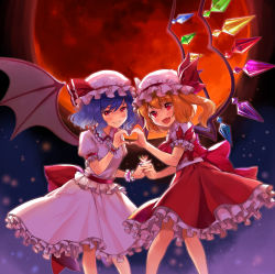 Rule 34 | 2girls, aki (mare desiderii), bat wings, blonde hair, bow, commentary request, crystal, dress, fang, flandre scarlet, frilled shirt collar, frilled skirt, frills, full moon, hat, heart, heart hands, heart hands duo, highres, looking at viewer, mob cap, moon, multiple girls, nail polish, one side up, pink dress, puffy short sleeves, puffy sleeves, purple hair, red bow, red eyes, red moon, red ribbon, red skirt, red vest, remilia scarlet, ribbon, sash, shirt, short hair, short sleeves, siblings, sisters, skin fang, skirt, touhou, vest, white shirt, wings