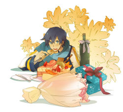 Rule 34 | 1boy, blue hair, bottle, cake, eating, flower, food, gift, kaito (vocaloid), luo zi, male focus, pastry, raku ji, short hair, solo, vocaloid