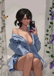 Rule 34 | 1girl, absurdres, arms at sides, black hair, blue eyes, breasts, buttons, cleavage, feet out of frame, flower, grin, hair between eyes, hair ribbon, highres, holding, holding phone, large breasts, lips, long hair, long sleeves, maenoo, open mouth, original, pajamas, phone, photo-referenced, real life insert, red lips, ribbon, sitting, smile, solo, striped clothes, striped pajamas, thighs