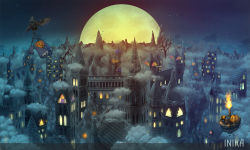 animal artist_name bat_(animal) castle fog gears halloween highres inika jack-o&#039;-lantern moon no_humans original pumpkin scenery torch