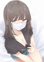 Rule 34 | 1girl, bare legs, bed sheet, black shirt, blunt bangs, blush, breasts, brown hair, cleavage, clothes pull, commentary, covered mouth, dutch angle, from above, half-closed eyes, highres, long hair, looking at viewer, maigoyaki, mask, medium breasts, mole, mole on breast, mole on thigh, mouth mask, original, pulling own clothes, shirt, shirt pull, short shorts, short sleeves, shorts, sitting, solo, surgical mask, white mask