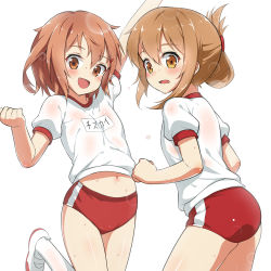 Rule 34 | 10s, 2girls, blush, bobomaster, brown eyes, brown hair, buruma, fang, folded ponytail, gym uniform, hair ornament, hairclip, highres, ikazuchi (kancolle), inazuma (kancolle), kantai collection, looking at viewer, midriff, multiple girls, name tag, navel, open mouth, see-through, shoes, short sleeves, standing, standing on one leg, sweat, sweatdrop, uwabaki, wet, wet clothes, white background, white legwear