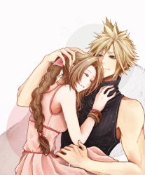 Rule 34 | 1boy, 1girl, aerith gainsborough, bare arms, blonde hair, blue eyes, bracelet, braid, brown hair, closed eyes, cloud strife, dress, final fantasy, final fantasy vii, final fantasy vii remake, hair between eyes, hand on another&#039;s head, hetero, highres, jewelry, necklace, pink dress, ribbon, simple background, spiked hair, square enix, turtleneck, white background, yco 030601