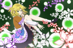 Rule 34 | 1girl, absurdres, arm warmers, biting, biting own thumb, black skirt, blonde hair, blush, brown shirt, closed mouth, commentary request, danmaku, flower, frown, full body, green background, green eyes, half updo, highres, kin-kun, looking at viewer, looking to the side, medium hair, mizuhashi parsee, parted bangs, pointy ears, sash, scarf, shirt, short sleeves, skirt, solo, spell card, subterranean animism, biting own thumb, touhou, white sash, white scarf