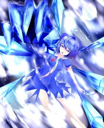 Rule 34 | 1girl, bare legs, blue dress, blue eyes, blue hair, bow, cirno, claws, dress, hair bow, highres, kitamuraeri, matching hair/eyes, open mouth, short hair, solo, spell card, torn clothes, touhou, wings