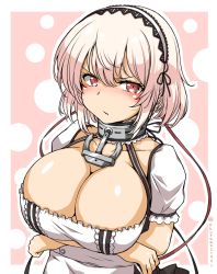 Rule 34 | 1girl, anchor, azur lane, breasts, choker, cleavage, collar, collarbone, commentary request, crossed arms, glaring, hairband, lace-trimmed hairband, lace trim, large breasts, looking at viewer, maid headdress, okutama tarou, portrait, red eyes, short hair, simple background, sirius (azur lane), solo, twitter username