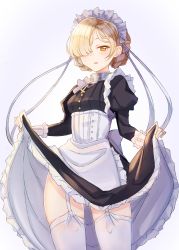 Rule 34 | 1girl, absurdres, apron, azur lane, blonde hair, braid, breasts, choker, clothes lift, commentary request, cowboy shot, cross, cross choker, french braid, garter straps, hair over one eye, highres, juliet sleeves, legs apart, lifted by self, long sleeves, looking at viewer, maid, maid headdress, open mouth, petticoat, puffy sleeves, sheffield (azur lane), simple background, skirt, skirt lift, small breasts, smile, solo, thighhighs, uhouhogorigori, waist apron, white background, white thighhighs, yellow eyes
