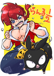 1girl anger_vein blue_eyes blue_pants border braid breasts cleavage collared_shirt furrowed_brow hair_between_eyes highres large_breasts long_hair neckerchief open_clothes open_mouth open_shirt p-chan pants pig ranma-chan ranma_1/2 red_hair red_shirt shikiwo shirt signature single_braid sweat sweatdrop white_border yellow_background yellow_neckerchief