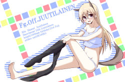 Rule 34 | 1girl, animal ears, bad id, bad pixiv id, bespectacled, black pantyhose, blonde hair, blush, clothes pull, dressing, eila ilmatar juutilainen, fang, feet, fox ears, fox tail, glasses, hajime (kin&#039;you club), lingerie, long hair, navel, open mouth, panties, pantyhose, pantyhose around one leg, pantyhose pull, purple eyes, sitting, solo, strike witches, tail, underwear, world witches series