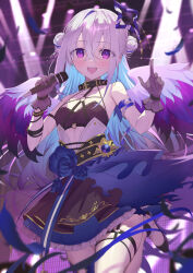 Rule 34 | 1girl, :d, amane kanata, amane kanata (another world), bare shoulders, black collar, black dress, black footwear, black gloves, blue hair, blue skirt, collar, collarbone, commentary request, double bun, dress, feathered wings, frilled skirt, frills, gloves, hair between eyes, hair bun, highres, holding, holding microphone, hololive, long hair, microphone, multicolored hair, o-ring, open mouth, purple eyes, purple wings, shoes, single hair intake, skirt, smile, solo, standing, standing on one leg, takumi11, two-tone hair, very long hair, virtual youtuber, white hair, wings