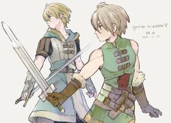 Rule 34 | 2boys, belt, blonde hair, brown hair, closed mouth, copyright name, dated, father and son, gensou suikoden, gensou suikoden v, gloves, highres, holding, holding sword, holding weapon, male focus, multiple boys, natsuo (hatohaco), richard (suikoden), short hair, simple background, sword, weapon, white background
