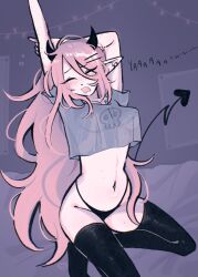 Rule 34 | ass, black panties, blush, breasts, demon tail, freckles, highleg, highleg panties, highres, horns, june (megrocks), long hair, megrocks, on bed, original, panties, pink hair, see-through, see-through shirt, stomach, stretching, string lights, tail, thighhighs, thighs, underwear, yawning