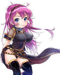 Rule 34 | 1girl, :t, ahoge, bad id, bad pixiv id, belt, black panties, black thighhighs, blue eyes, blush, breasts, byo (kuro usagi), covered erect nipples, frown, hairband, impossible clothes, impossible shirt, large breasts, long hair, looking at viewer, megurine luka, panties, pantyshot, pink hair, shiny skin, shirt, simple background, skirt, solo, thighhighs, underwear, upskirt, very long hair, vocaloid