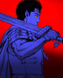 Rule 34 | 1boy, armor, bandaged hand, bandages, berserk, black hair, closed mouth, commentary request, from side, greatsword, guts (berserk), highres, holding, holding sword, holding weapon, huge weapon, limited palette, looking to the side, male focus, nisino2222, over shoulder, red background, scar, scar on face, scar on nose, short hair, shoulder armor, simple background, solo, spiked hair, sword, sword over shoulder, weapon, weapon over shoulder