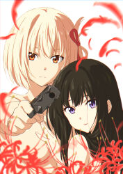 Rule 34 | bare shoulders, black hair, blonde hair, blue eyes, breasts, closed mouth, convenient censoring, feathers, flower, gun, hair behind ear, hair between eyes, hair ribbon, hand up, handgun, highres, holding, holding gun, holding weapon, inoue takina, leaning on person, long hair, looking at viewer, lycoris recoil, medium breasts, nakamura kou, nishikigi chisato, nude, one side up, pointing gun, red eyes, red feathers, red ribbon, ribbon, short hair, simple background, spider lily, upper body, weapon, white background