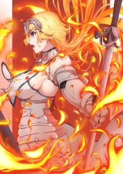 Rule 34 | 1girl, absurdres, ameneshi, armor, armored dress, bad id, bad pixiv id, bare shoulders, blonde hair, breasts, chain, fate/apocrypha, fate/grand order, fate (series), faulds, fire, flag, from side, gauntlets, headpiece, highres, holding, holding flag, jeanne d&#039;arc (fate), jeanne d&#039;arc (ruler) (fate), jeanne d&#039;arc (third ascension) (fate), large breasts, long hair, open mouth, plackart, purple eyes, sideboob, standard bearer
