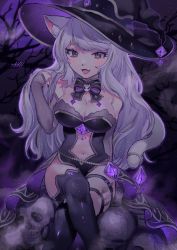 Rule 34 | 1girl, absurdres, animal ear fluff, animal ears, black nail polish, black nails, breasts, cat ears, cat girl, cat tail, crossed legs, fang, hat, highres, indie virtual youtuber, large breasts, long hair, nail polish, necromancer, nekomancer, nekomancervt, persephone, purple eyes, sitting, skulls, tail, throne, tongue, tongue out, virtual youtuber, white hair, witch, witch hat, yellow eyes