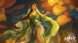 Rule 34 | 1girl, absurdres, baiguio (zhu xian), bare legs, bare shoulders, brown hair, butterfly hair ornament, clothing cutout, dress, facial mark, forehead mark, green dress, hair ornament, hair ribbon, highres, holding, holding lantern, jewelry, kong shan mbyk, lantern, long hair, necklace, night, parted lips, realistic, ribbon, sash, second-party source, shoulder cutout, star (sky), teeth, umbrella, upper body, zhu xian