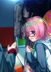Rule 34 | 1boy, 1girl, bag, breasts, commentary, condom, condom box, fate/grand order, fate (series), glasses, hair over one eye, harutoshi, highres, hood, hooded jacket, jacket, looking at viewer, looking back, mash kyrielight, out of frame, photo booth, pink hair, plastic bag, purple eyes, short hair, solo focus
