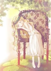 Rule 34 | 00s, 1girl, absurdres, bad id, bad pixiv id, bare shoulders, blonde hair, blush, chair, closed eyes, clover, dress, floral print, flower, full body, gradient background, hair flower, hair ornament, hanamoto hagumi, head wreath, highres, honey and clover, leaf, long hair, miruhi (pixiv12262111), no socks, plant, shoes, sitting, smile, solo, very long hair, vines, white dress