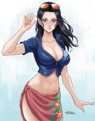 Rule 34 | 1girl, arm up, black hair, blue eyes, blue jacket, breasts, cleavage, commentary, cowboy shot, cropped jacket, english commentary, eyewear on head, highres, jacket, jedbanner, large breasts, light smile, long hair, looking at viewer, nico robin, one piece, pink nails, pink sarong, sarong, short sleeves, sidelocks, signature, solo, zipper