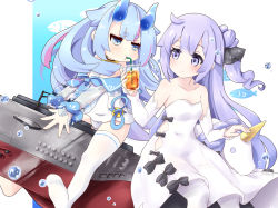 Rule 34 | 2girls, ahoge, azur lane, bendy straw, black bow, black ribbon, blue eyes, blue hair, blue horns, blue sailor collar, blunt bangs, bow, clothing cutout, collarbone, commentary request, cowboy shot, cup, detached sleeves, disposable cup, drinking, drinking straw, gudon (iukhzl), hair bun, hair flaps, hair ribbon, horns, i-13 (azur lane), long hair, long sleeves, looking at another, multicolored hair, multiple girls, off shoulder, one-piece swimsuit, oni horns, pantyhose, purple eyes, purple hair, ribbon, ribbon-trimmed legwear, ribbon trim, sailor collar, see-through, short eyebrows, side cutout, sidelocks, single hair bun, single thighhigh, streaked hair, stuffed winged unicorn, submarine, swimsuit, thighhighs, unicorn (azur lane), water drop, watercraft, white legwear, white one-piece swimsuit