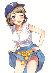 Rule 34 | 1girl, ;d, absurdres, blue eyes, blue hat, blue skirt, blush, breasts, brown hair, clothes lift, cowboy shot, food, fruit, hat, highres, lifting own clothes, long skirt, looking at viewer, love live!, love live! sunshine!!, medium breasts, one eye closed, open mouth, orange (fruit), sankuro (agoitei), scan, short hair, simple background, skirt, skirt basket, skirt lift, smile, solo, thighs, watanabe you, white background