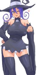 Rule 34 | 00s, 1girl, ;3, bare shoulders, black dress, black thighhighs, blair (soul eater), breasts, clenched hands, contrapposto, covered erect nipples, detached sleeves, dress, fang, fingernails, flipped hair, hair between eyes, halterneck, hand on own hip, hat, heart, large breasts, long fingernails, long hair, looking at viewer, minakami (flyingman555), nail polish, oekaki, one eye closed, open mouth, paw pose, petticoat, purple hair, short dress, simple background, smile, solo, soul eater, spoken heart, standing, thighhighs, thighs, white background, witch hat, yellow eyes, zettai ryouiki