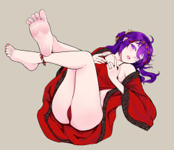 Rule 34 | 1girl, barefoot, beifeng han, blush, feet, hands on own chest, highres, long hair, looking at viewer, lying, miyaura sanshio, on back, open mouth, purple eyes, purple hair, soles, toes