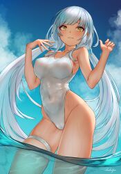 Rule 34 | 1girl, arpeggio kaga, blue sky, breasts, character request, closed mouth, cloud, collarbone, commentary request, copyright request, covered navel, cowboy shot, day, furrowed brow, grey hair, groin, hands up, highleg, highleg swimsuit, highres, large breasts, light blush, light frown, long hair, looking at viewer, low twintails, one-piece swimsuit, outdoors, sky, solo, swimsuit, thigh strap, twintails, very long hair, wading, water, white one-piece swimsuit, yellow eyes