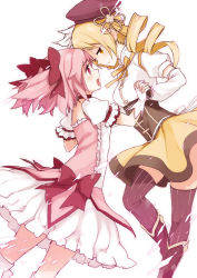 Rule 34 | 10s, 2girls, beret, blonde hair, blush, boots, bow, bubble skirt, corset, detached sleeves, drill hair, fingerless gloves, gloves, hair bow, hair ornament, hat, highres, holding hands, kaname madoka, kneehighs, kusano houki, long hair, magical girl, mahou shoujo madoka magica, mahou shoujo madoka magica (anime), multiple girls, pink eyes, pink hair, pleated skirt, puffy sleeves, short twintails, skirt, socks, striped clothes, striped legwear, striped thighhighs, thighhighs, tomoe mami, twintails, vertical-striped clothes, vertical-striped legwear, vertical-striped thighhighs, white gloves, white legwear, yuri