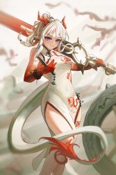 Rule 34 | 1girl, absurdres, arknights, arm tattoo, bare shoulders, breasts, china dress, chinese clothes, cowboy shot, dragon girl, dragon horns, dragon tail, dress, earrings, eyeliner, fang, highres, holding, holding sword, holding weapon, horns, huge weapon, jewelry, makeup, medium bangs, medium breasts, multicolored hair, nian (arknights), nikov, pointy ears, ponytail, purple eyes, red eyeliner, short hair, simple background, skin fang, solo, streaked hair, sword, tail, tassel, tassel earrings, tattoo, thighs, weapon, weapon on back, white dress, white hair