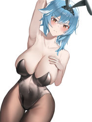 Rule 34 | 1girl, absurdres, animal ears, arm up, armpits, bare arms, bare shoulders, black hairband, black leotard, blue hair, blush, breasts, brown eyes, brown pantyhose, cleavage, collarbone, commentary, cowboy shot, eula (genshin impact), fake animal ears, genshin impact, hair between eyes, hairband, hand on own chest, highres, large breasts, leotard, looking at viewer, nose blush, pantyhose, playboy bunny, rabbit ears, shine (shine art), short hair, simple background, solo, standing, strapless, strapless leotard, thighs, white background