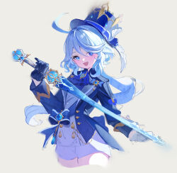 Rule 34 | 1girl, :d, blue eyes, blue gloves, blue hair, blue hat, blue jacket, commentary request, cropped legs, furina (genshin impact), genshin impact, gloves, grey background, hair over one eye, hat, highres, holding, holding sword, holding weapon, jacket, looking at viewer, multicolored hair, open clothes, open jacket, open mouth, shorts, simple background, sketch, smile, solo, streaked hair, sword, tilted headwear, top hat, vest, wang man, weapon, white shorts, white vest