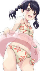 Rule 34 | 1girl, :d, absurdres, bare arms, bare shoulders, bikini, black hair, blush, braid, breasts, cleavage, collarbone, commentary request, fangs, floral print, fukumaru koito, gluteal fold, highres, idolmaster, idolmaster shiny colors, innertube, kuroba aki, long hair, looking at viewer, navel, open mouth, print bikini, red eyes, simple background, small breasts, smile, solo, standing, swim ring, swimsuit, transparent, twin braids, twintails, white background, white bikini