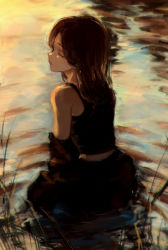 Rule 34 | 1girl, 7ife, absurdres, black hair, black jacket, black tank top, closed mouth, commentary, english commentary, closed eyes, from behind, highres, jacket, long hair, midriff peek, off shoulder, original, outdoors, partially submerged, reeds, ripples, solo, tank top, upper body, water