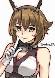 Rule 34 | 1girl, breasts, brown hair, flipped hair, green eyes, hairband, headgear, kantai collection, large breasts, looking at viewer, maakun (makun dx), mutsu (kancolle), one-hour drawing challenge, radio antenna, short hair, simple background, sleeveless, solo, twitter username, white background