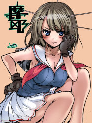 Rule 34 | 10s, 1girl, bad id, bad pixiv id, blue eyes, blush, breasts, brown hair, head rest, cleavage, gloves, hair ornament, kantai collection, looking at viewer, maya (kancolle), personification, pleated skirt, school uniform, short hair, skirt, solo, tokita monta