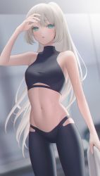Rule 34 | 1girl, :o, an-94 (girls&#039; frontline), aqua eyes, black pants, blonde hair, blush, breasts, crop top, feet out of frame, female focus, girls&#039; frontline, hand on own head, holding, holding towel, leggings, long hair, looking at viewer, medium breasts, navel, open mouth, pants, parted lips, ponytail, simple background, solo, sportswear, standing, sweat, towel, urano ura