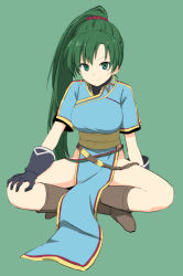 Rule 34 | 1girl, black gloves, boots, breasts, brown footwear, chinese clothes, dress, earrings, fire emblem, fire emblem: the blazing blade, gloves, green background, green eyes, green hair, hand on own knee, high ponytail, highres, jewelry, leon (mikiri hassha), long hair, looking at viewer, lyn (fire emblem), medium breasts, nintendo, no panties, pelvic curtain, sash, short sleeves, simple background, sitting, smile, solo, very long hair