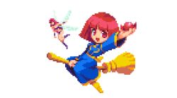 Rule 34 | 2girls, bikini, blue robe, bob cut, broom, broom riding, candy, cotton (character), cotton (game), fairy, fairy wings, female focus, food, full body, multiple girls, open mouth, pixel art, pixelflag, red eyes, red hair, robe, short hair, silk (cotton), swimsuit, white background, wings, witch, yellow footwear