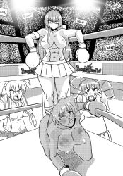 Rule 34 | 4girls, artist request, boxing, catfight, defeat, monochrome, multiple girls, tagme, topless