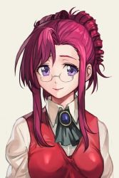 Rule 34 | 1girl, breasts, closed mouth, female focus, glasses, hungry clicker, kazami mizuho, looking at viewer, onegai teacher, purple eyes, red hair, short hair, simple background, smile, solo, upper body