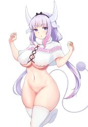 Rule 34 | 1girl, absurdres, aged up, alternate breast size, blue eyes, breasts, cape, closed mouth, cowboy shot, highres, horns, kanna kamui, kobayashi-san chi no maidragon, large breasts, long hair, navel, no panties, purple hair, solo, tail, thighhighs, transparent background, triagorodri, twintails, underboob, white thighhighs