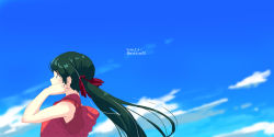 Rule 34 | 1girl, blue sky, casual, dated, dress, from side, green eyes, green hair, hair ribbon, kantai collection, long hair, looking to the side, mikuma (kancolle), official alternate costume, one-hour drawing challenge, polka dot, polka dot dress, red dress, red ribbon, ribbon, sky, solo, takuzui, twintails, twitter username, upper body