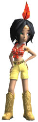Rule 34 | 1girl, banjo-kazooie, banjo-kazooie: nuts and bolts, belt, belt buckle, black hair, boots, breasts, buckle, cleavage, crop top, feather hair ornament, freckles, green eyes, hair ornament, hands on own hips, humba wumba (banjo-kazooie), legs, looking to the side, medium breasts, native american, official art, rareware, smile, solo